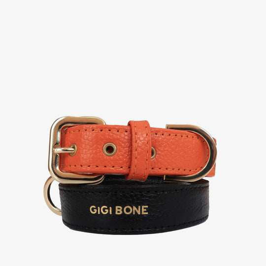 Collar de perro en piel color rojo naranja con hebilla dorada y ojales metalizados dorados. Marca GiGi BONE impresa en el cuero en letras doradas a juego con los herrajes. Piel italiana de curtido vegetal y herrajes de gran calidad. Hecho a mano, con bordes de piel doblada y cosida, sin recubrimientos plásticos, que le da una estética premium y gran durabilidad